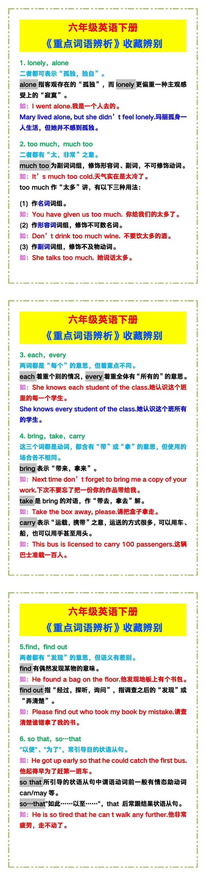 六年级英语下册《重点词语辨析》，收藏辨别！