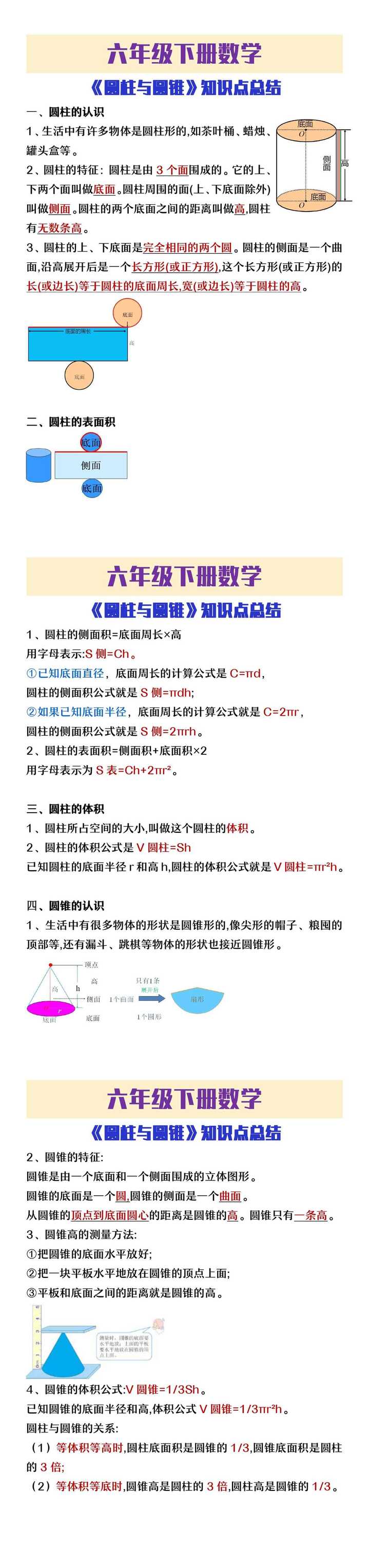 六年级下册数学《圆柱与圆锥》知识点总结