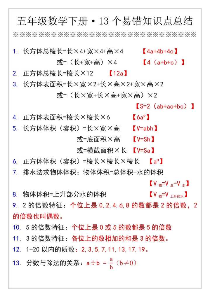 五年级数学下册·13个易错知识点总结