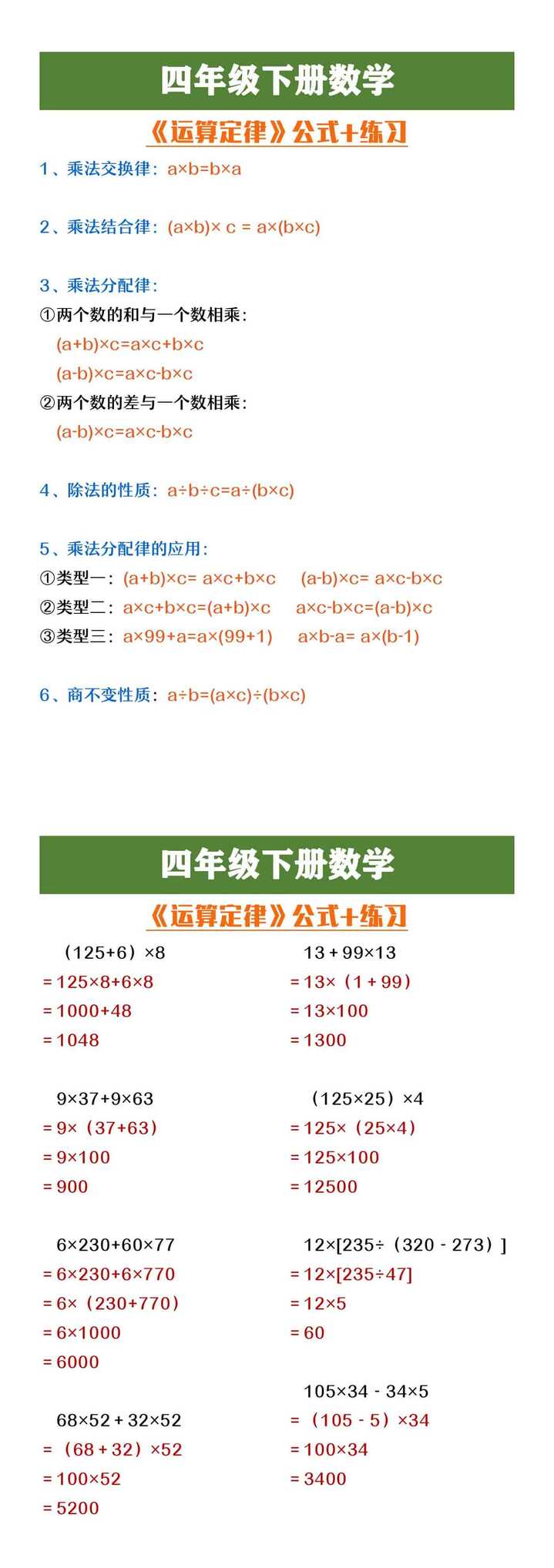 四年级下册数学《运算定律》公式及练习