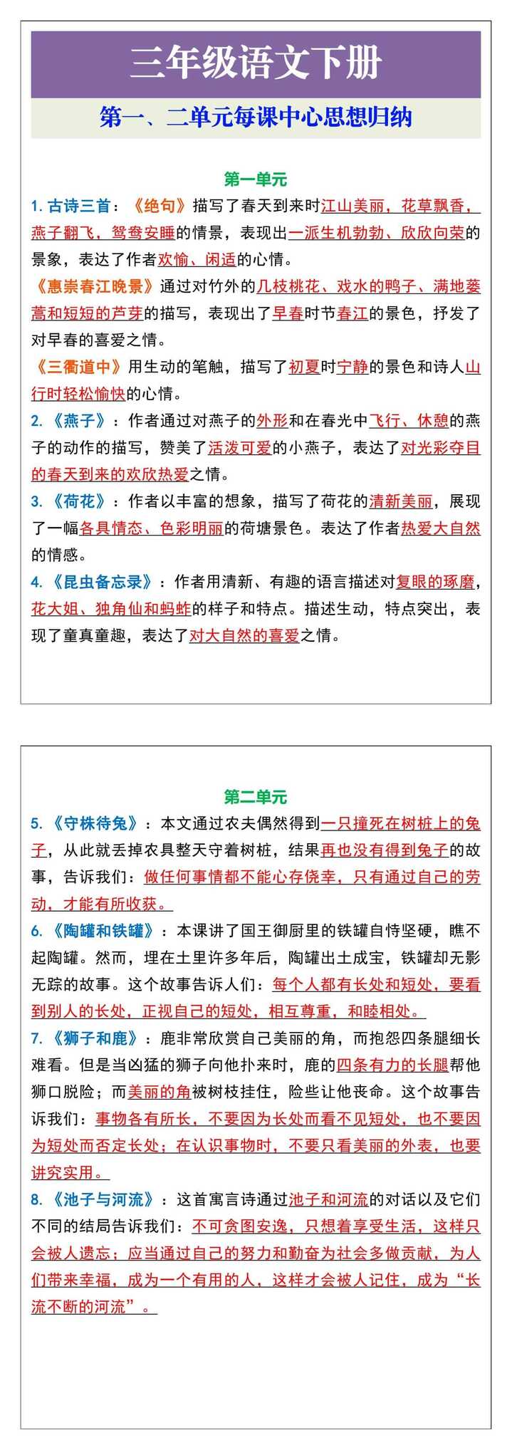 三年级语文下册第一、二单元每课中心思想归纳