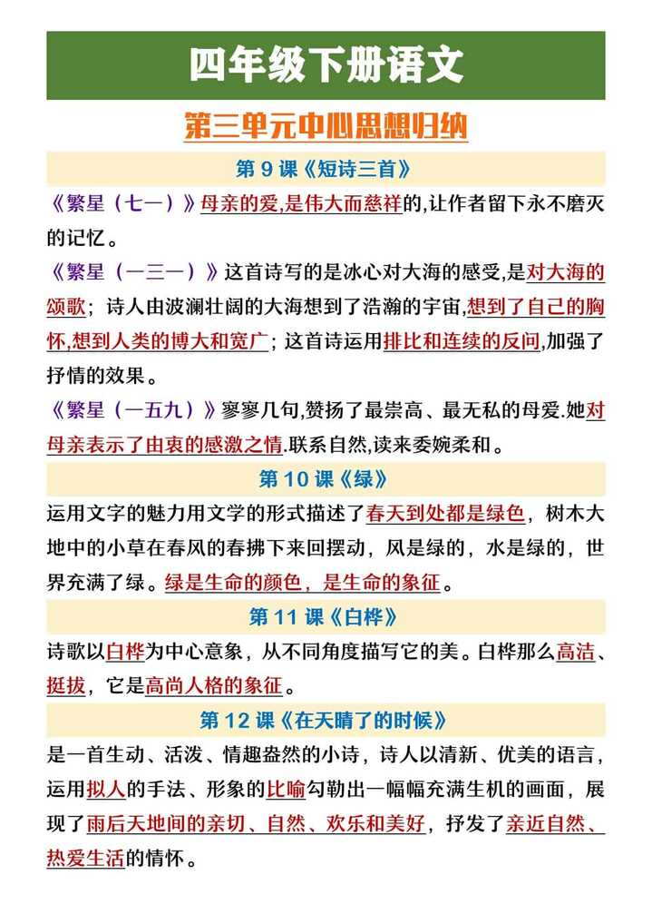 四年级下册语文第三单元中心思想归纳