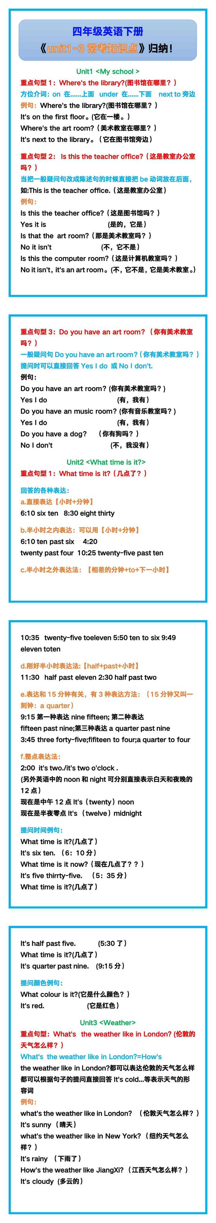 四年级英语下册《unit1-3常考知识点》归纳！