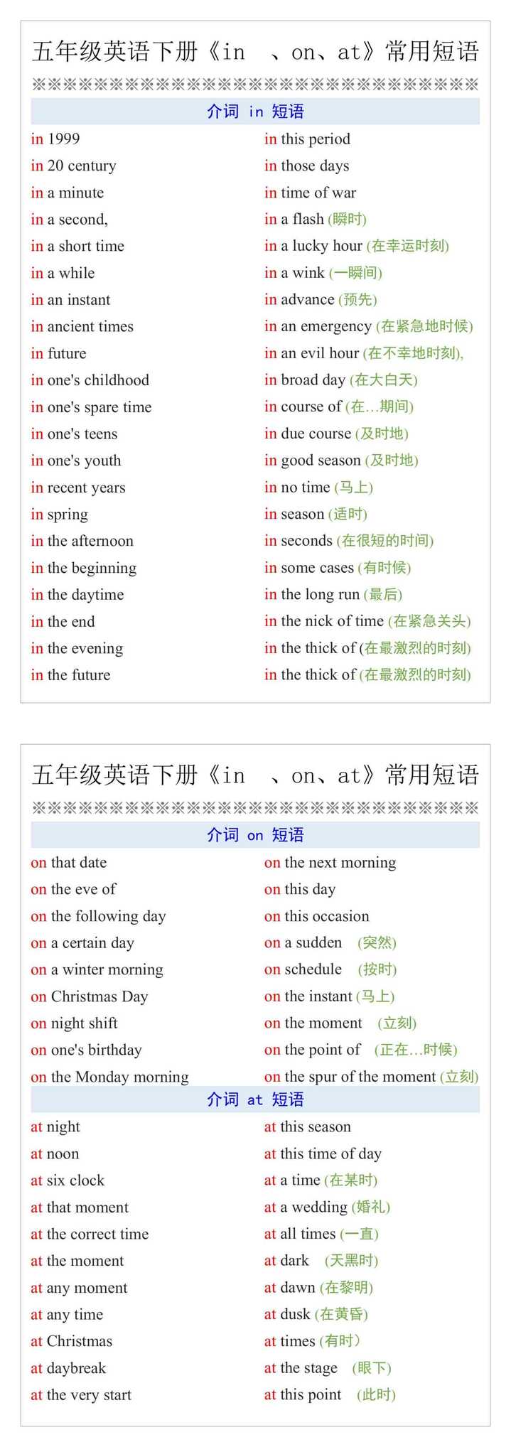 五年级英语下册《in 、on、at》常用短语