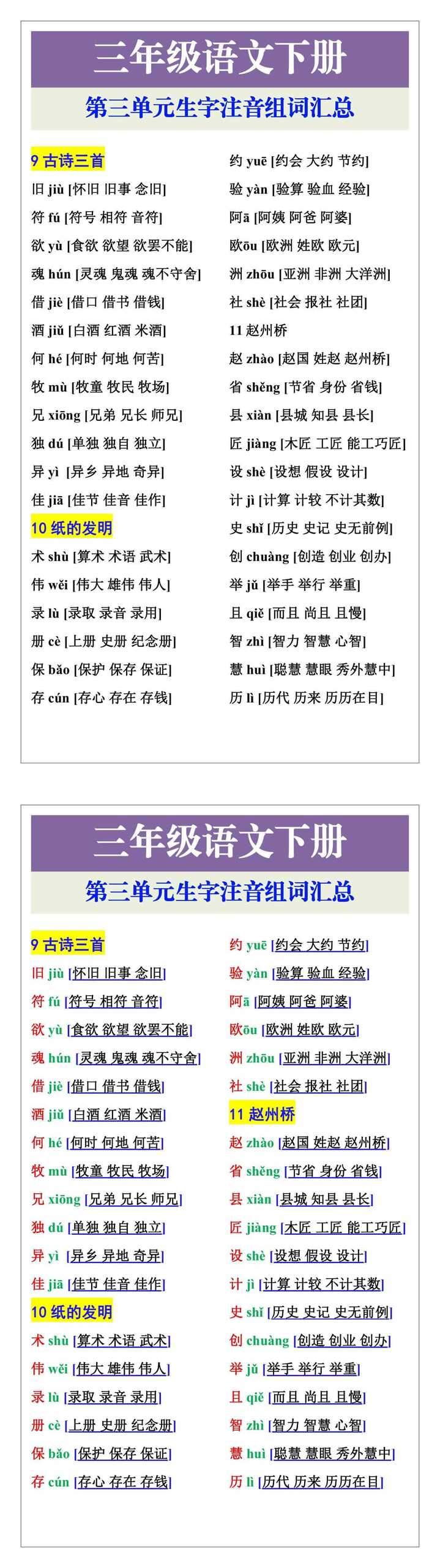 三年级语文下册第三单元生字注音组词汇总