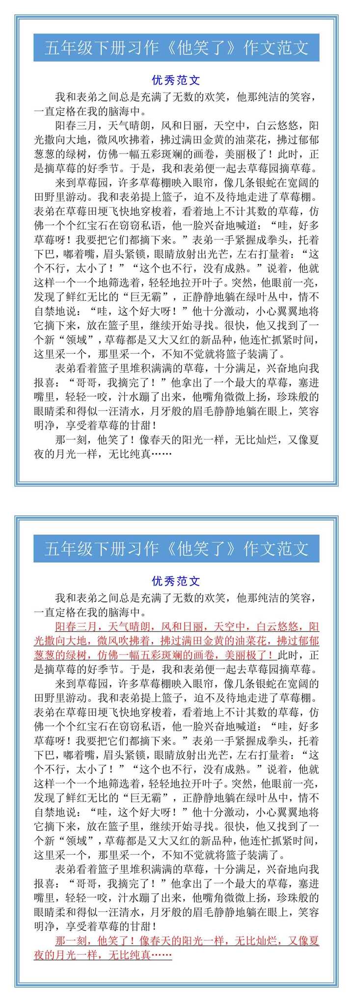 五年级下册习作《他笑了》作文范文