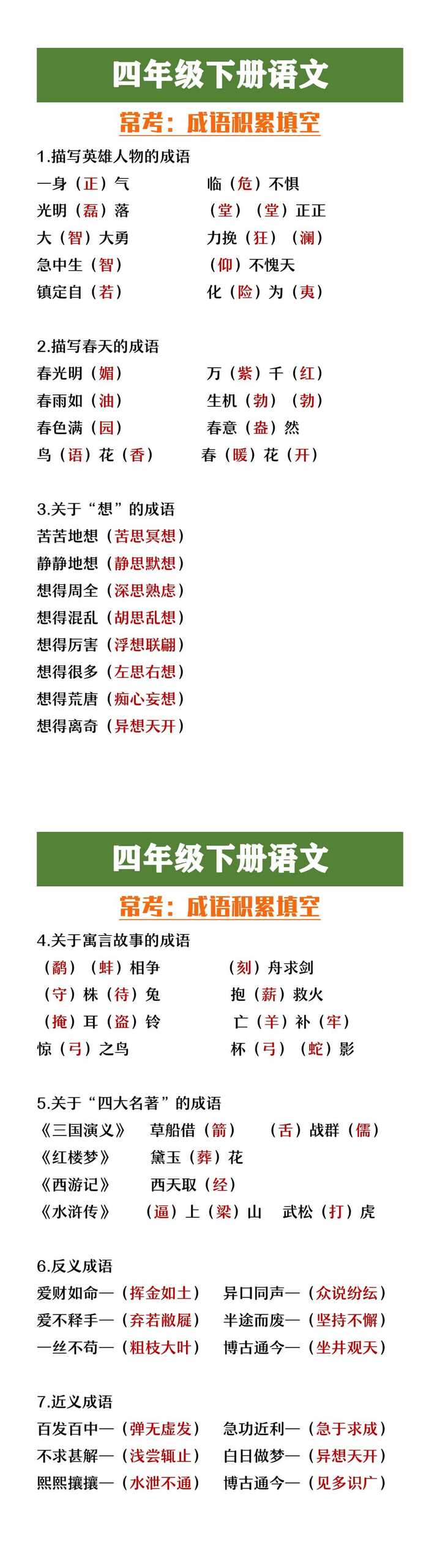 四年级下册语文常考成语积累填空