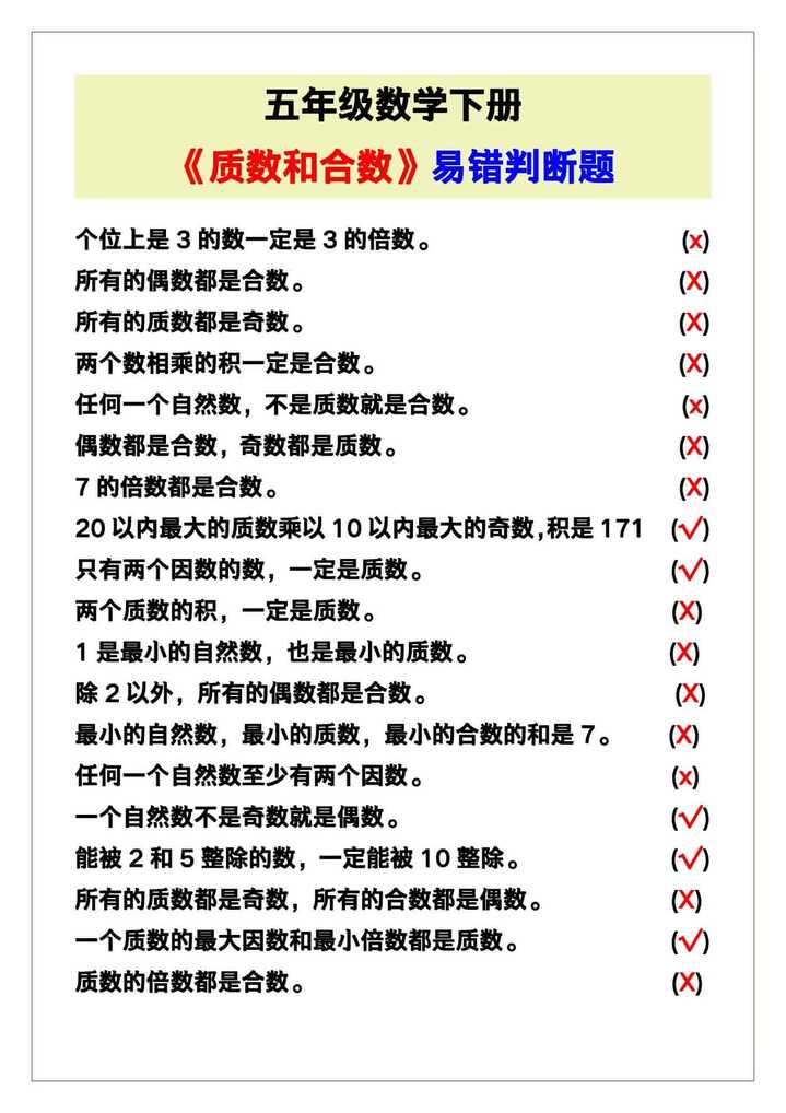 五年级数学下册《质数和合数》易错判断题！