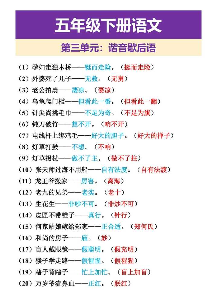 五年级下册语文 第三单元：谐音歇后语