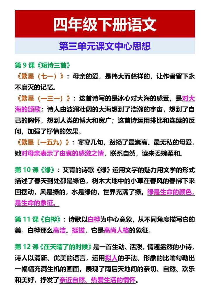 四年级下册语文第三单元课文中心思想