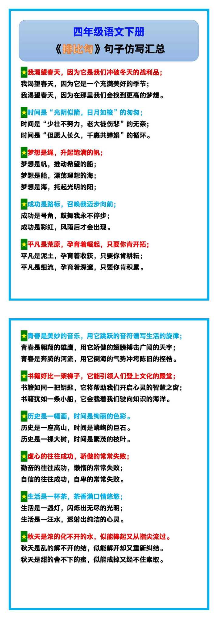 四年级语文下册《排比句》句子仿写汇总！
