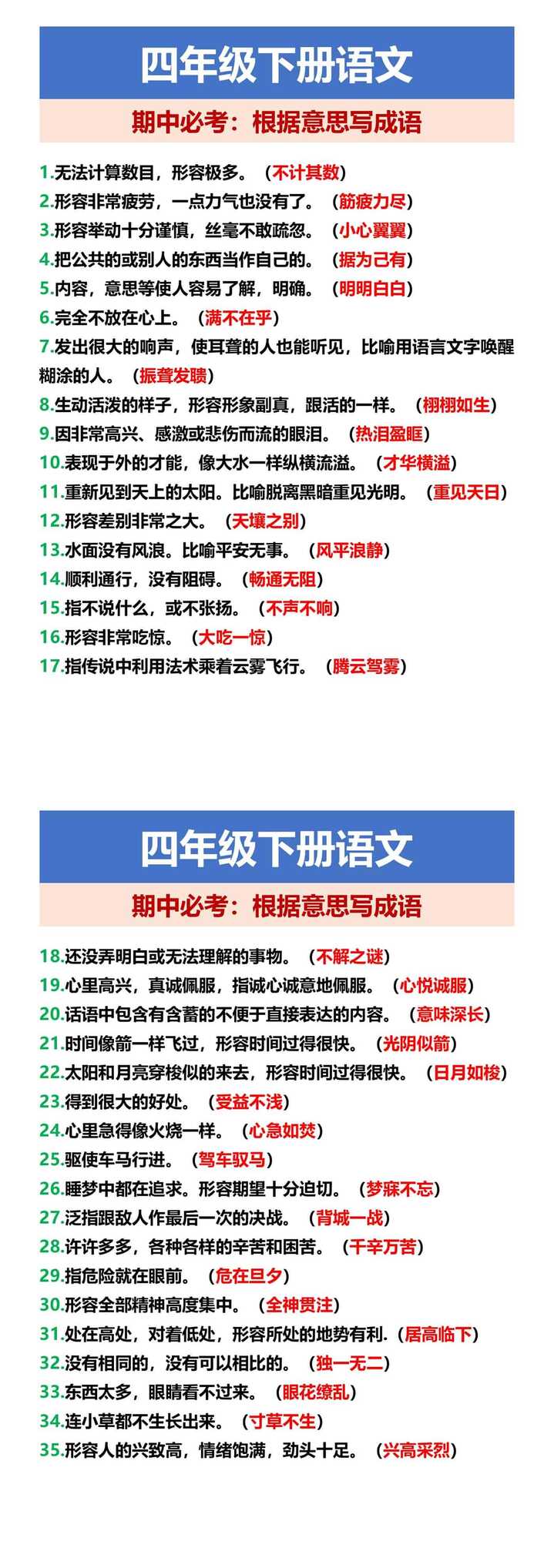四年级下册语文 期中必考：根据意思写成语