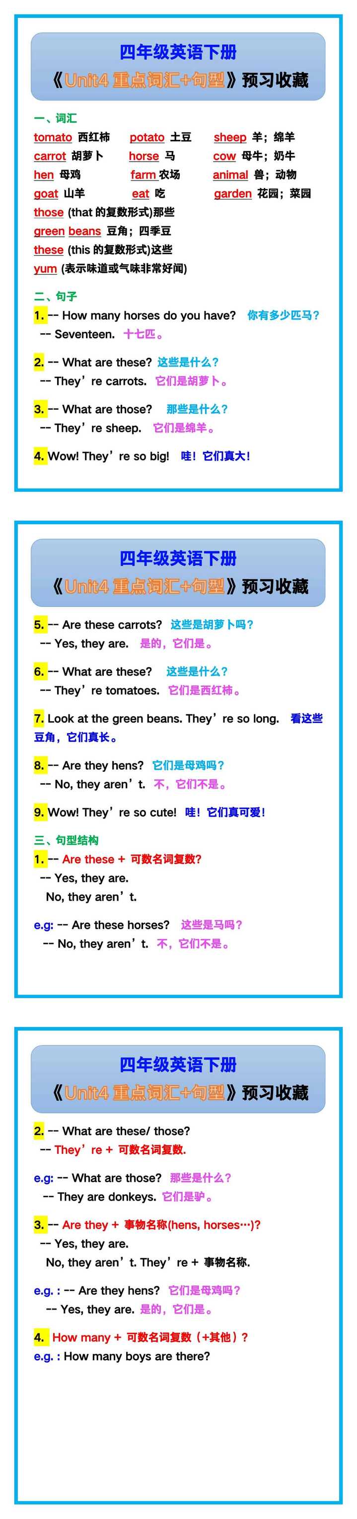 四年级英语下册《Unit4重点词汇+句型》，预习收藏！
