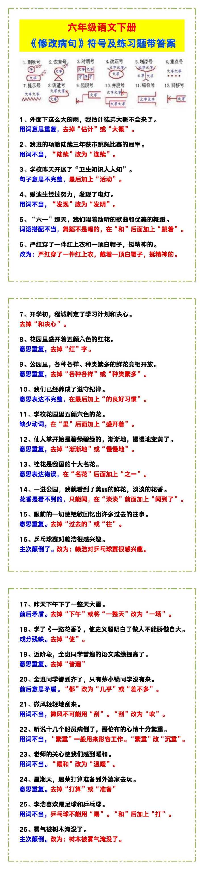 六年级语文下册《修改病句》符号及练习题带答案！