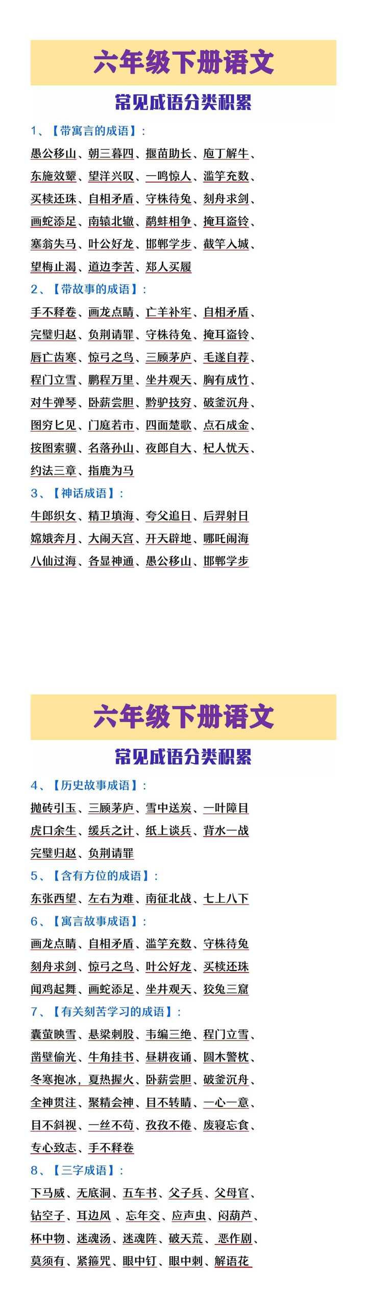 六年级下册语文常见成语分类