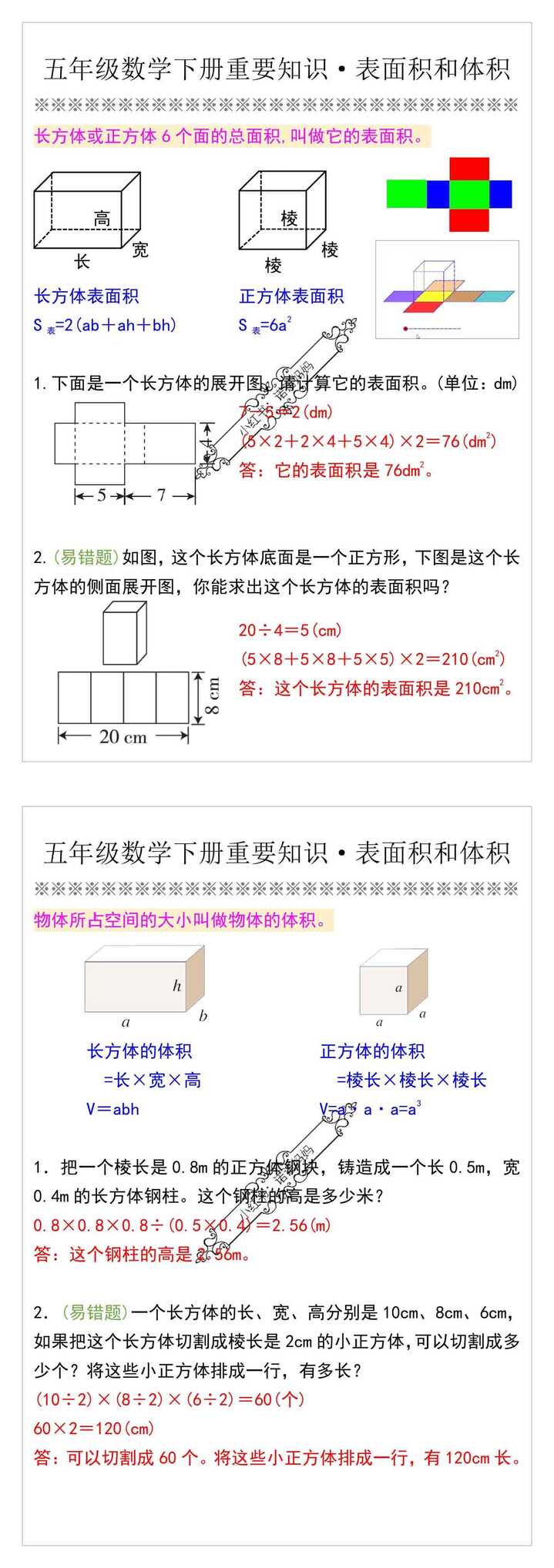 五年级数学下册重要知识·表面积和体积