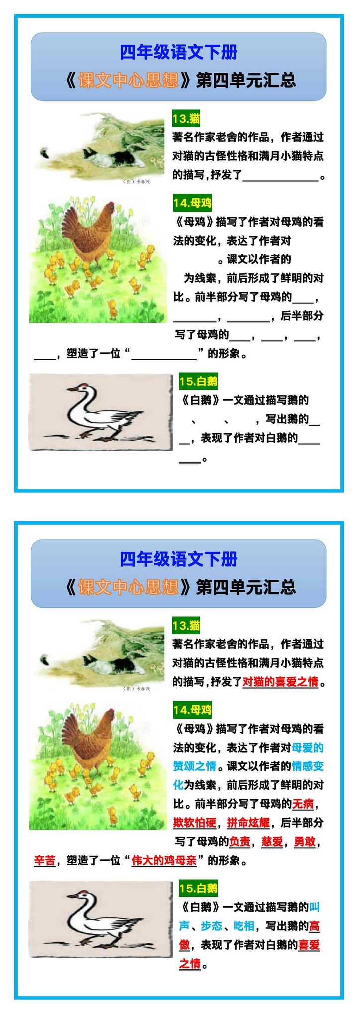 四年级语文下册《第四单元课文中心思想汇总》！