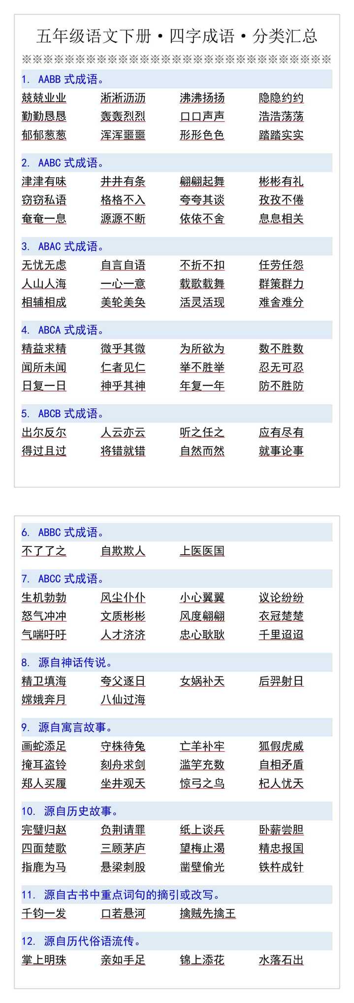 五年级语文下册·四字成语·分类汇总