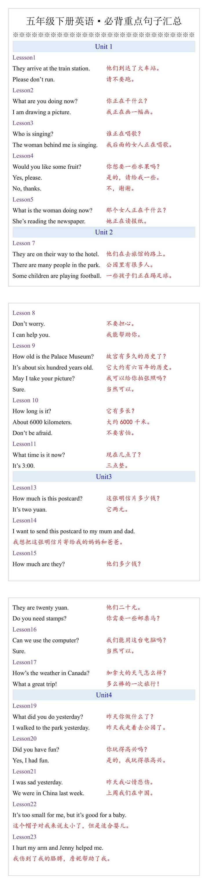 五年级下册英语·必背重点句子汇总