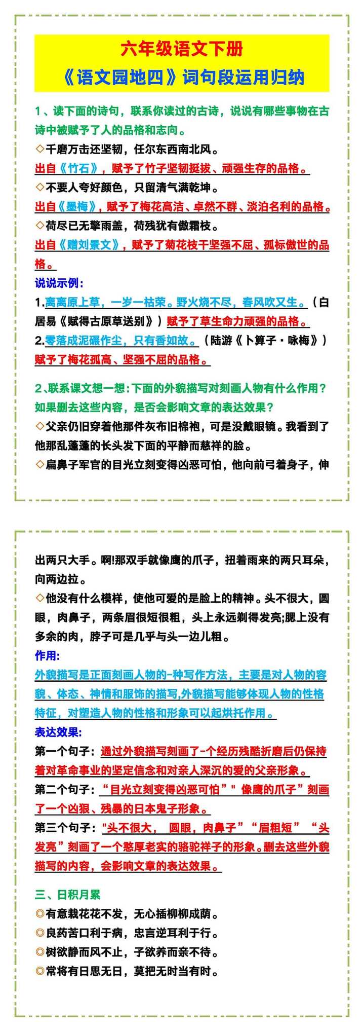 六年级语文下册《语文园地四》词句段运用归纳！