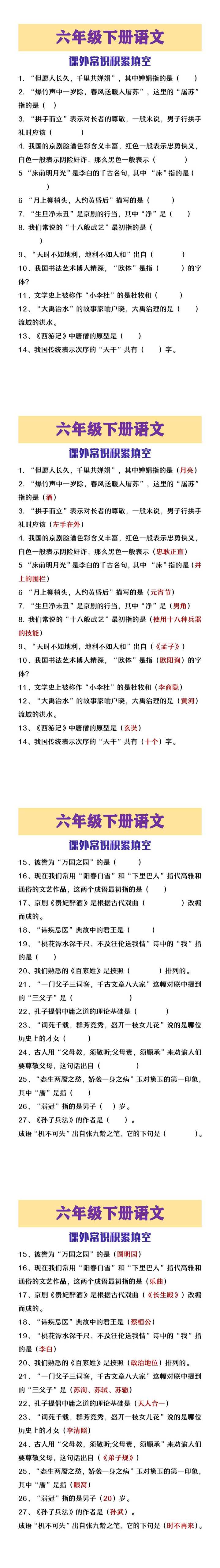 六年级下册语文常考课外常识积累