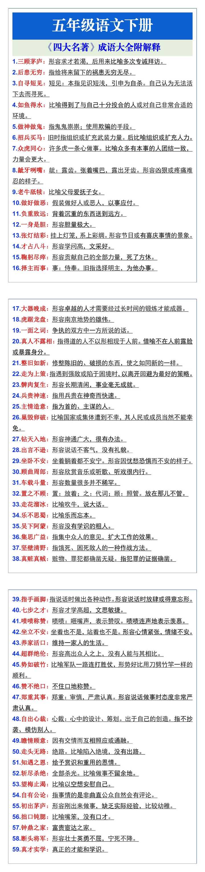 五年级语文下册《四大名著》成语大全附解释