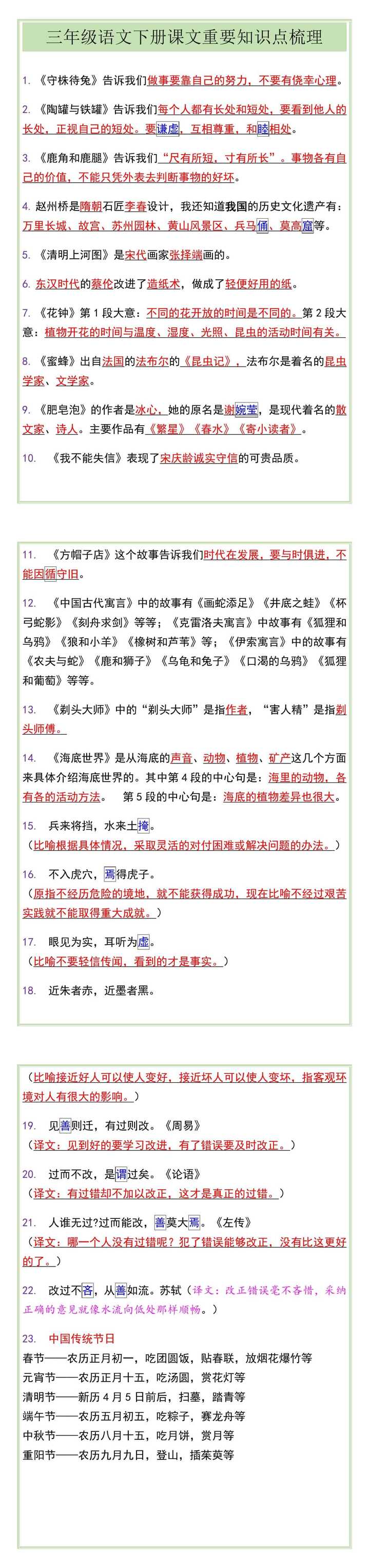 三年级语文下册课文重要知识点梳理