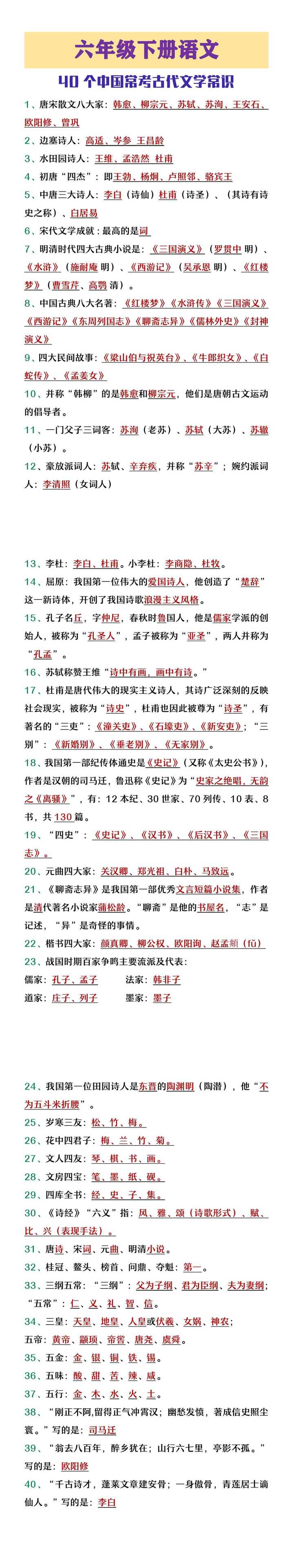 六年级下册语文常考40个古代文学常识