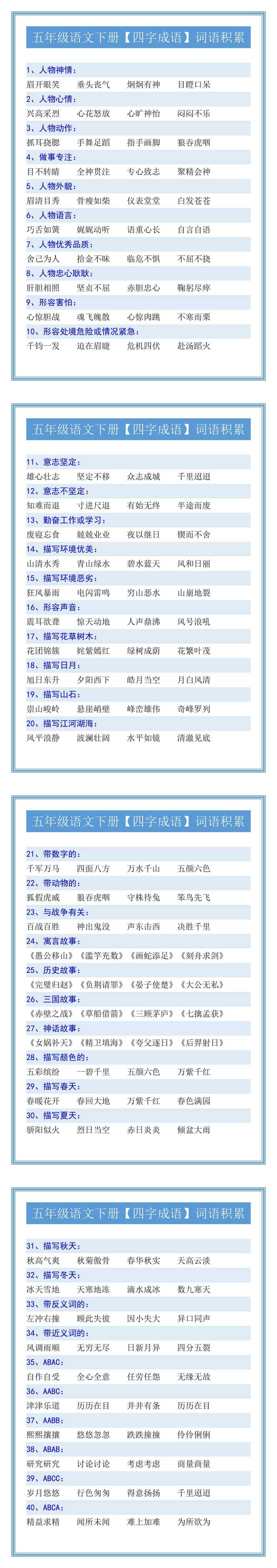 五年级语文下册【四字成语】词语积累