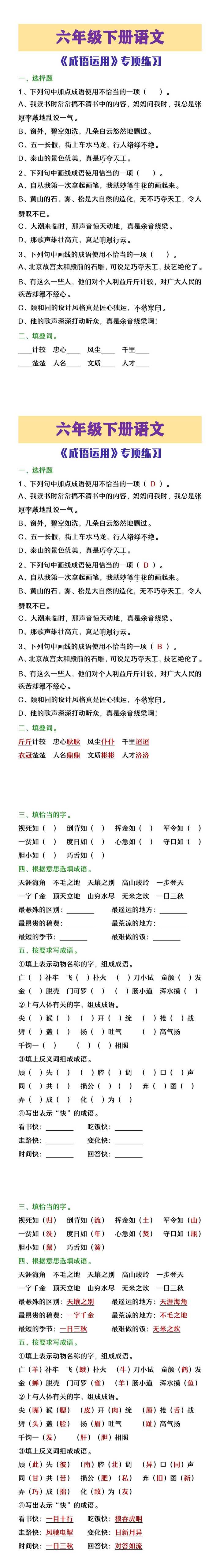 六年级下册语文成语运用专项练习