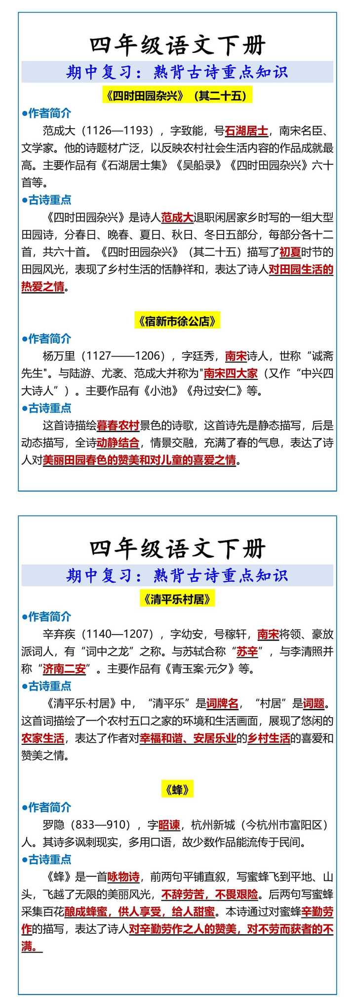 四年级语文下册 熟背古诗重点知识