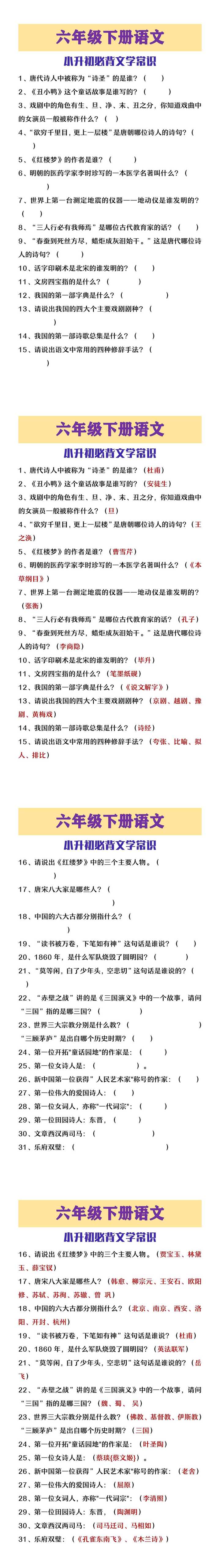 六年级下册语文小升初必背文学常识