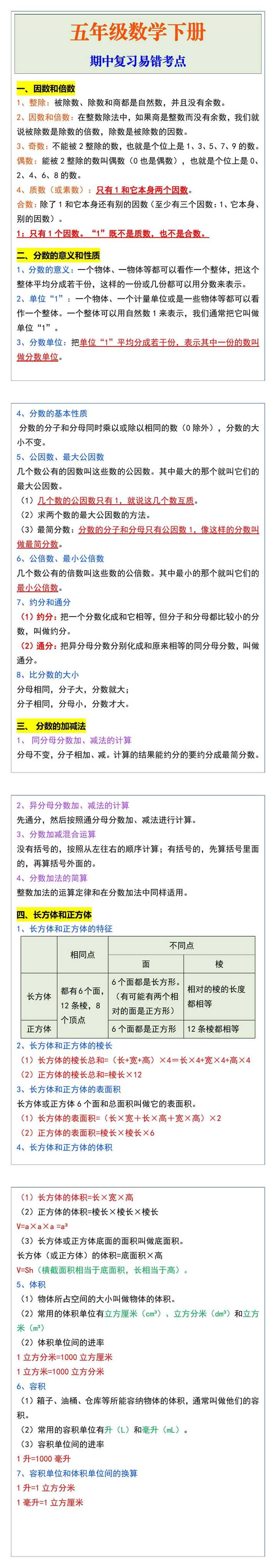 五年级数学下册期中复习易错考点