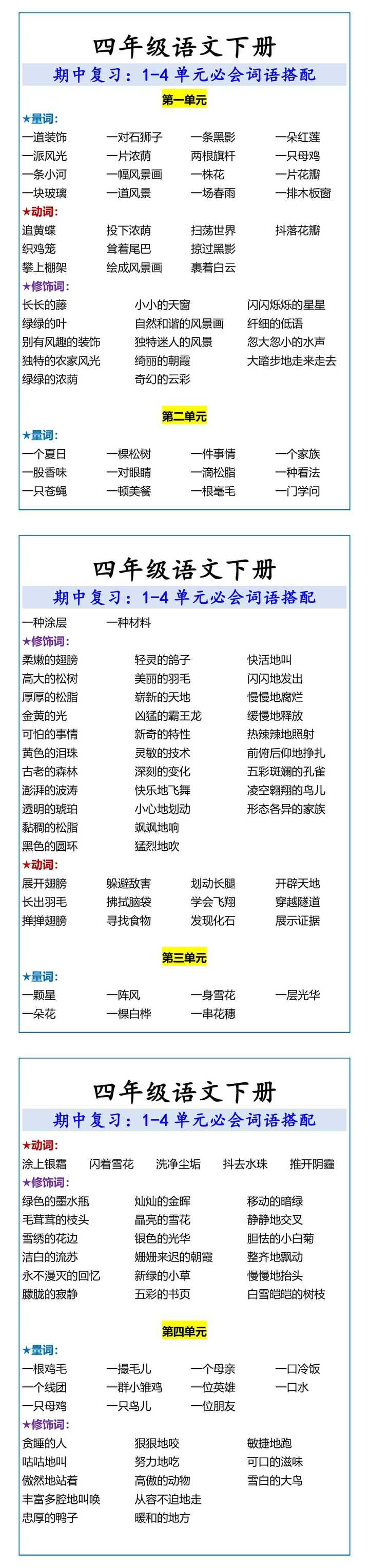 四年级语文下册 1-4单元必会词语搭配