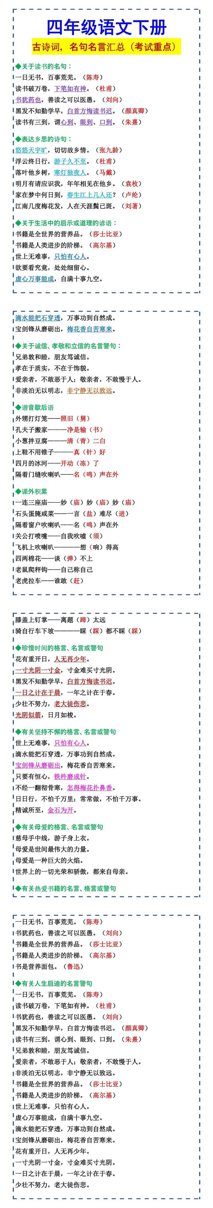 四年级语文下册 古诗词，名句名言汇总（考试重点）