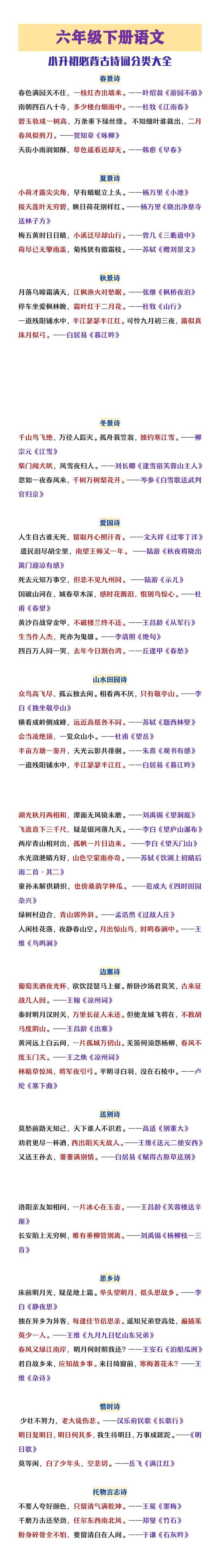 六年级下册语文小升初必背古诗词分类大全