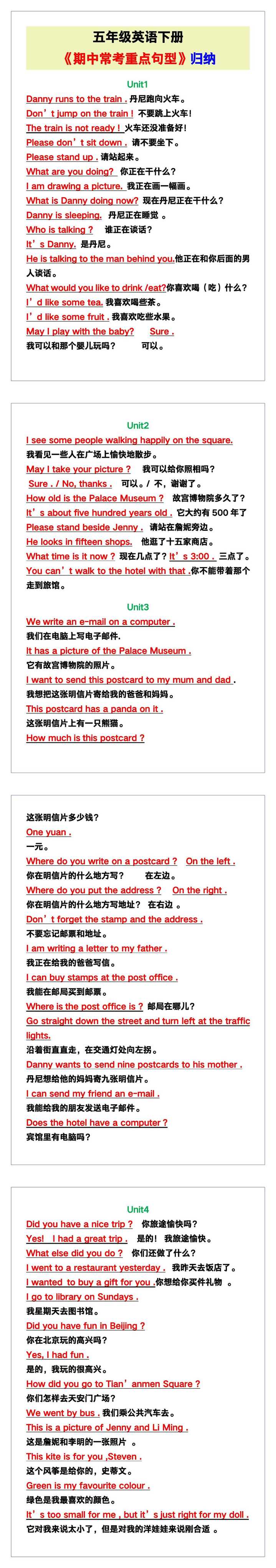 五年级英语下册《期中常考重点句型》归纳！