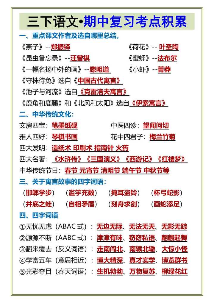 三下语文•期中复习考点积累