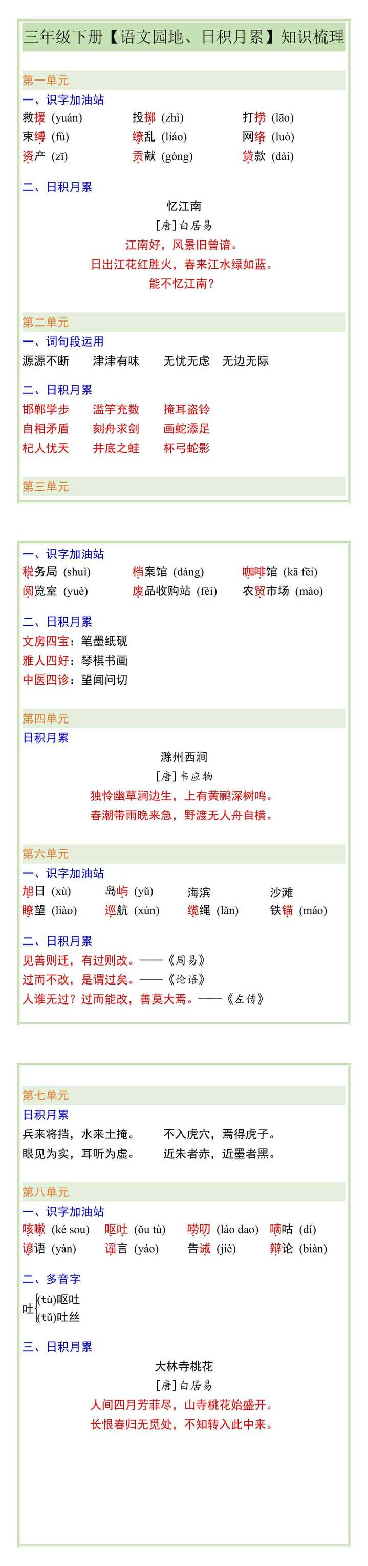三年级下册【语文园地、日积月累】知识梳理