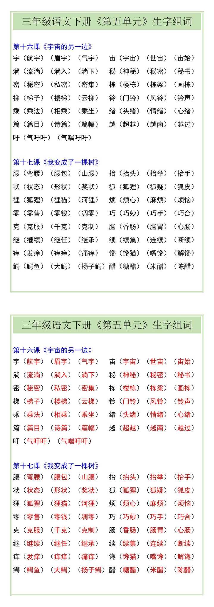 三年级语文下册《第五单元》生字组词
