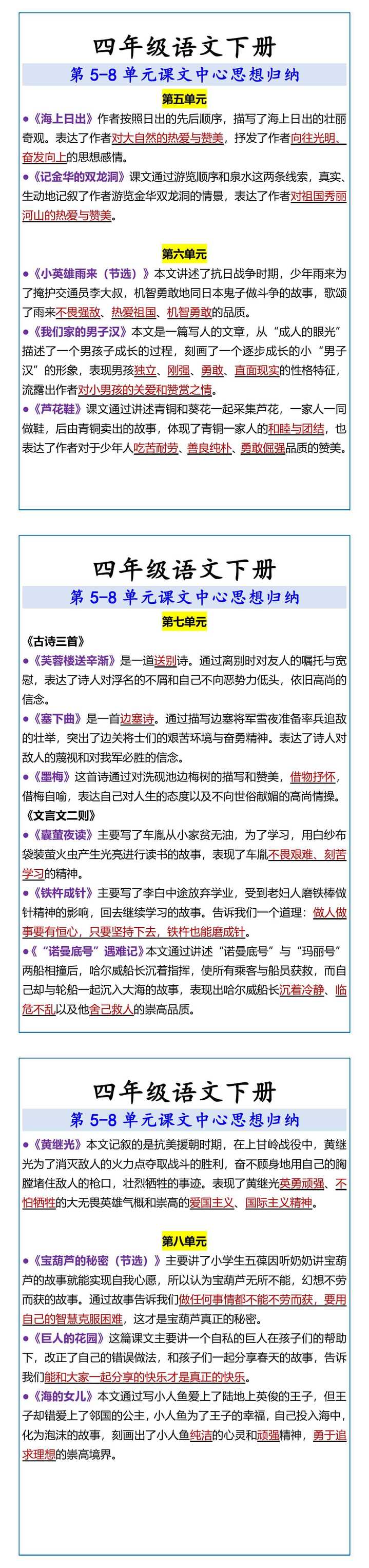 四年级语文下册 第5-8单元课文中心思想归纳
