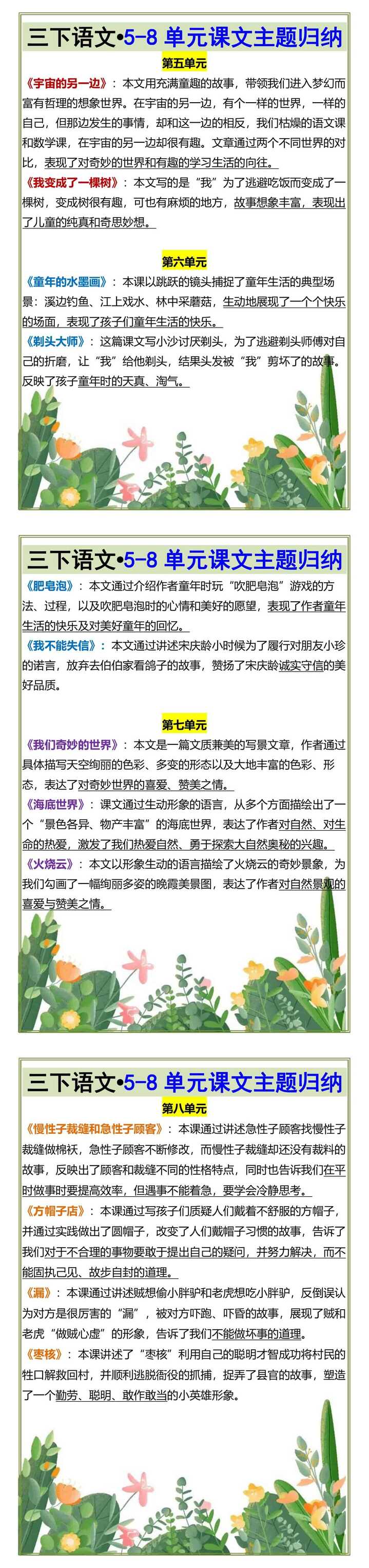 三下语文•5-8单元课文主题归纳