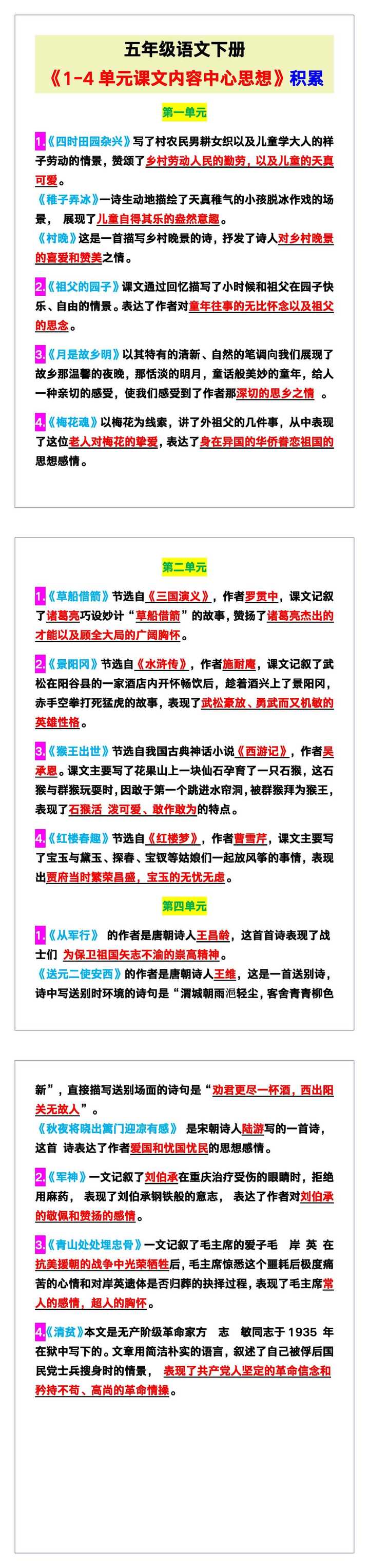 五年级语文下册《1-4单元课文内容中心思想》积累汇总！