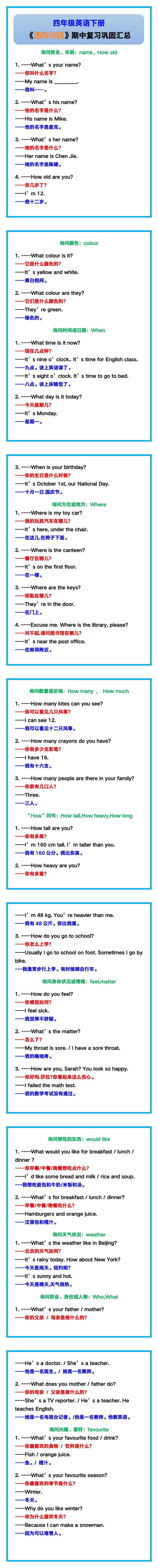 四年级英语下册《疑问句型》汇总！