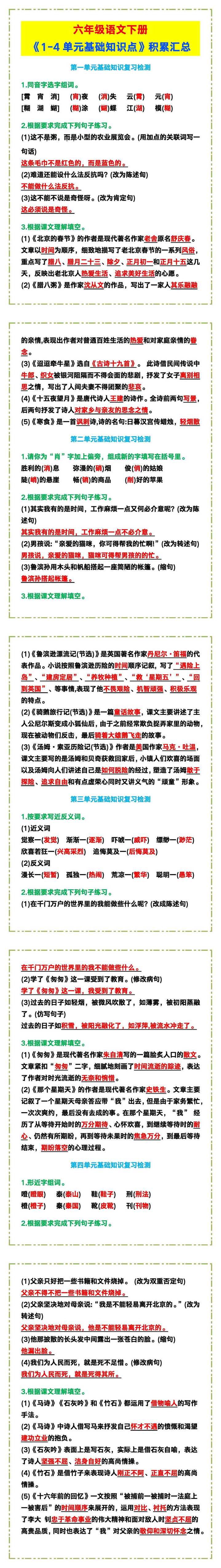 六年级语文下册《1-4单元基础知识点》积累汇总！