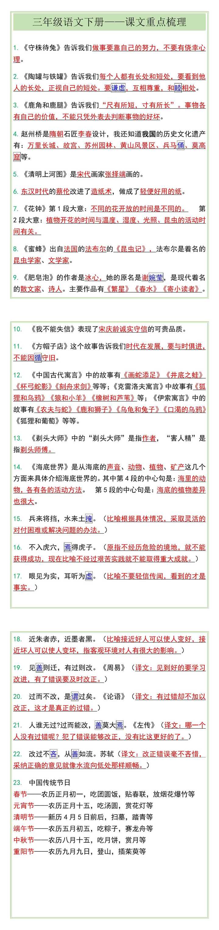 三年级语文下册——课文重点梳理