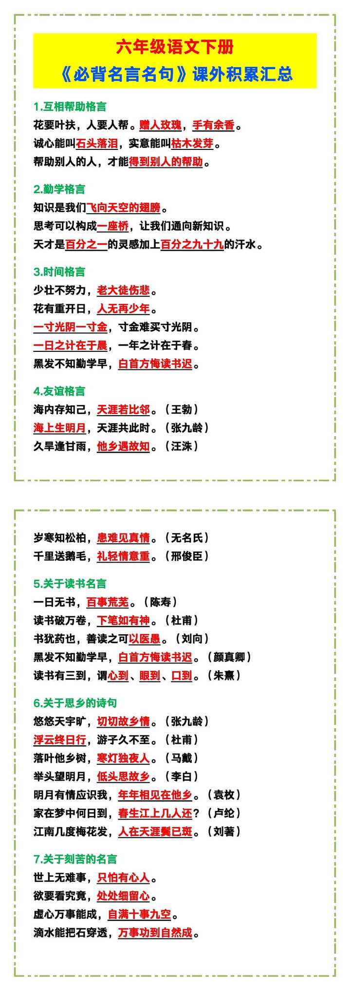 六年级语文下册《必背名言名句》课外积累汇总！