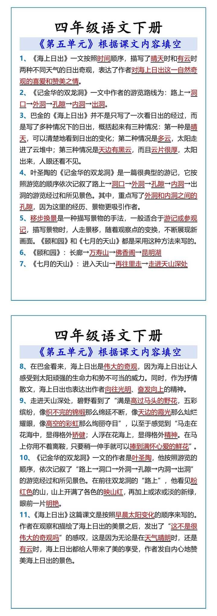 四年级语文下册 《第五单元》根据课文内容填空