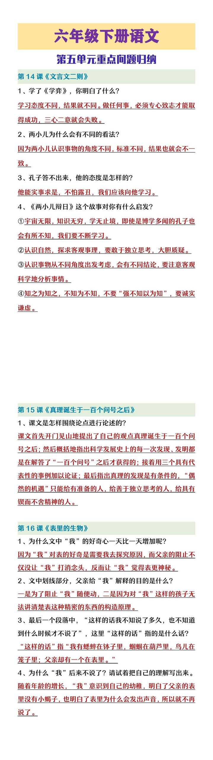 六年级下册语文第五单元重点问题归纳
