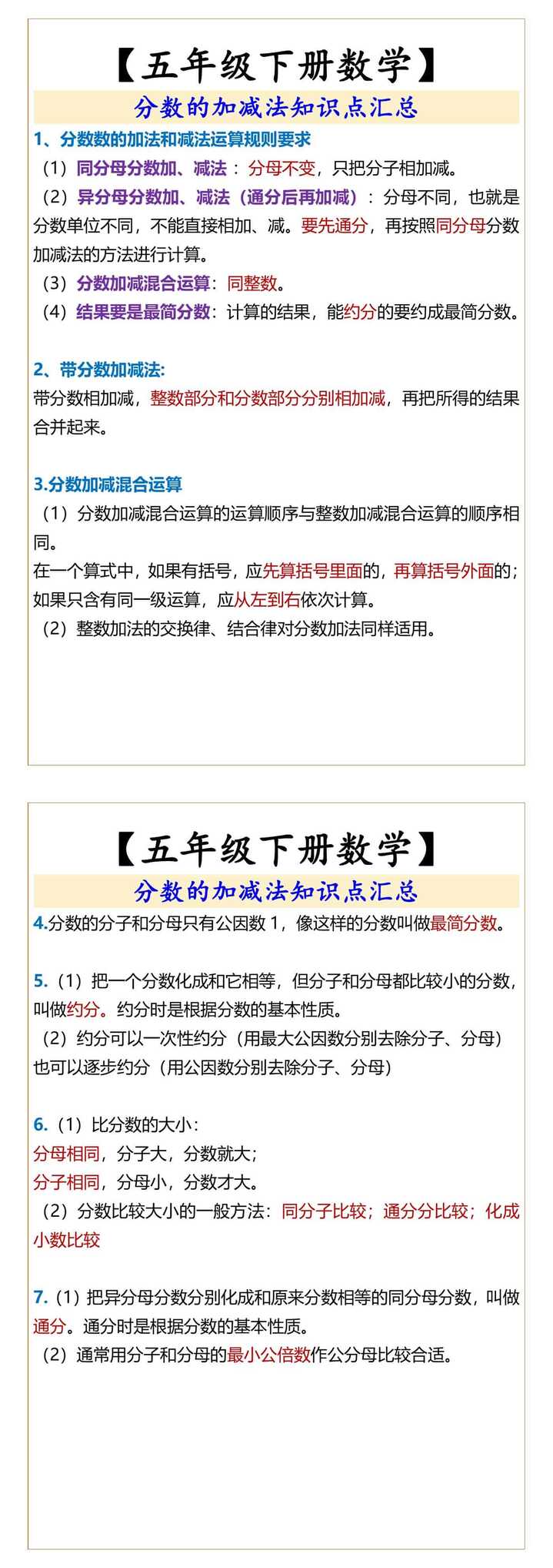 【五年级下册数学】 分数的加减法知识点汇总